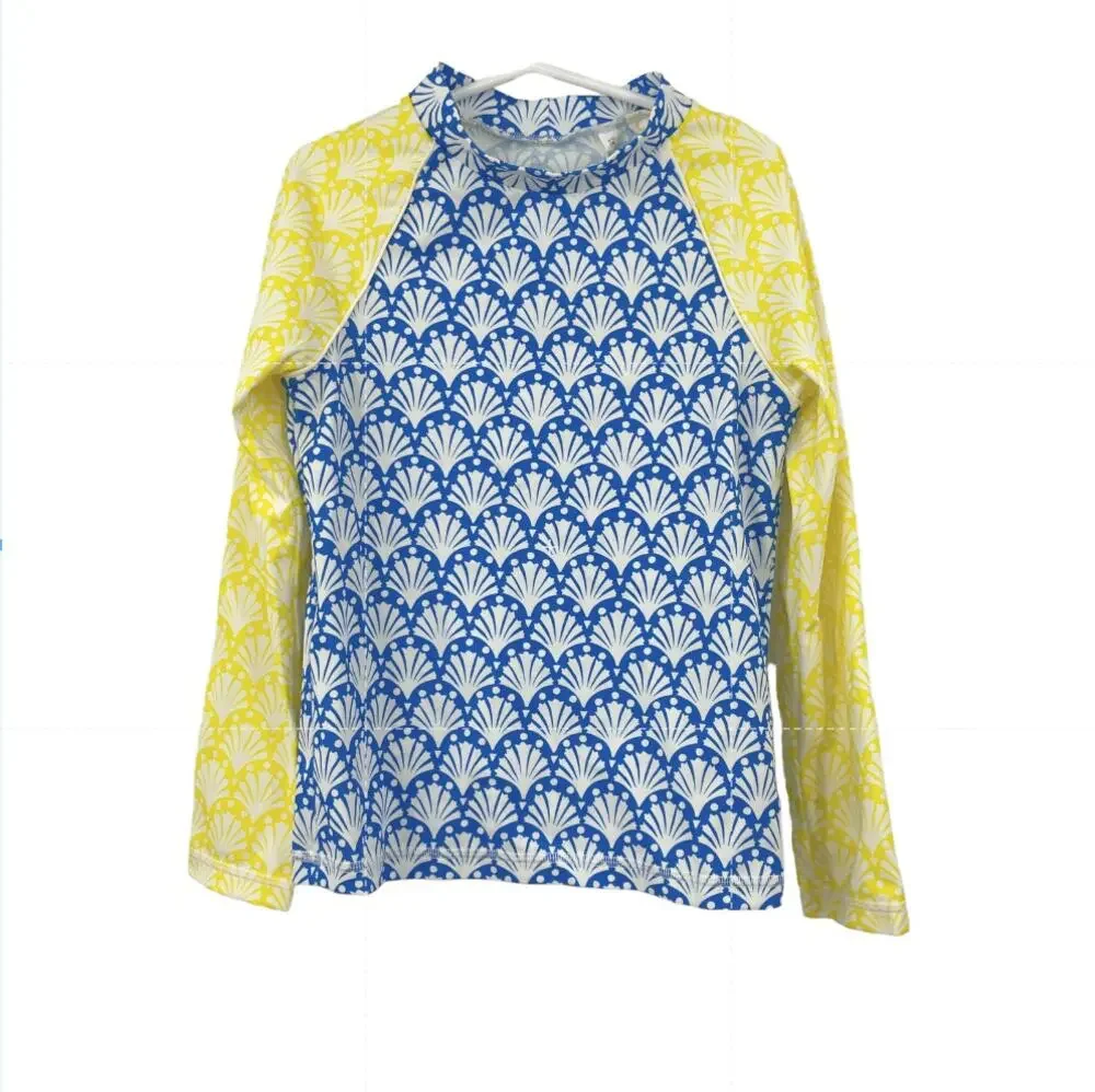 Mini Boden Rashguard Kids 8-9Y Long Sleeve Top Hotchpotch Coral Blue Yellow NWT